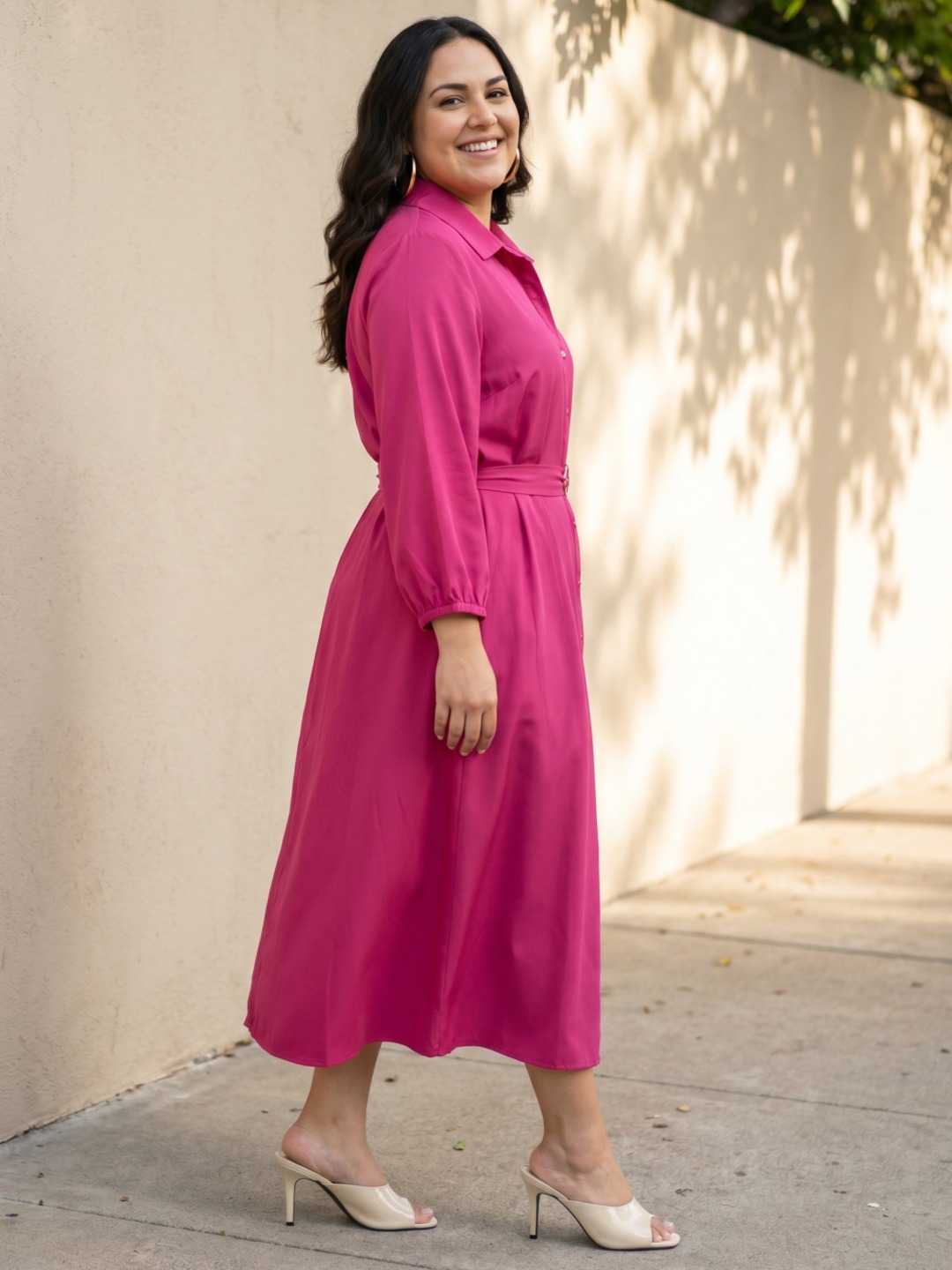 Pink Solid Collared Shirt Midi Dress