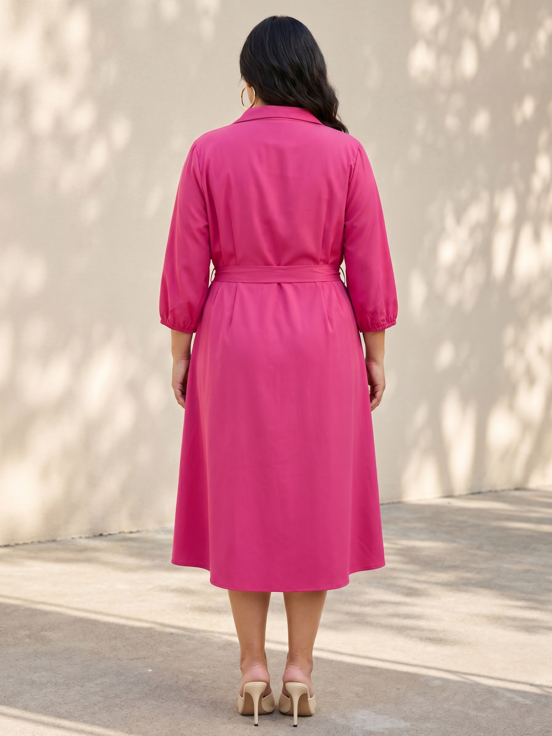Pink Solid Collared Shirt Midi Dress