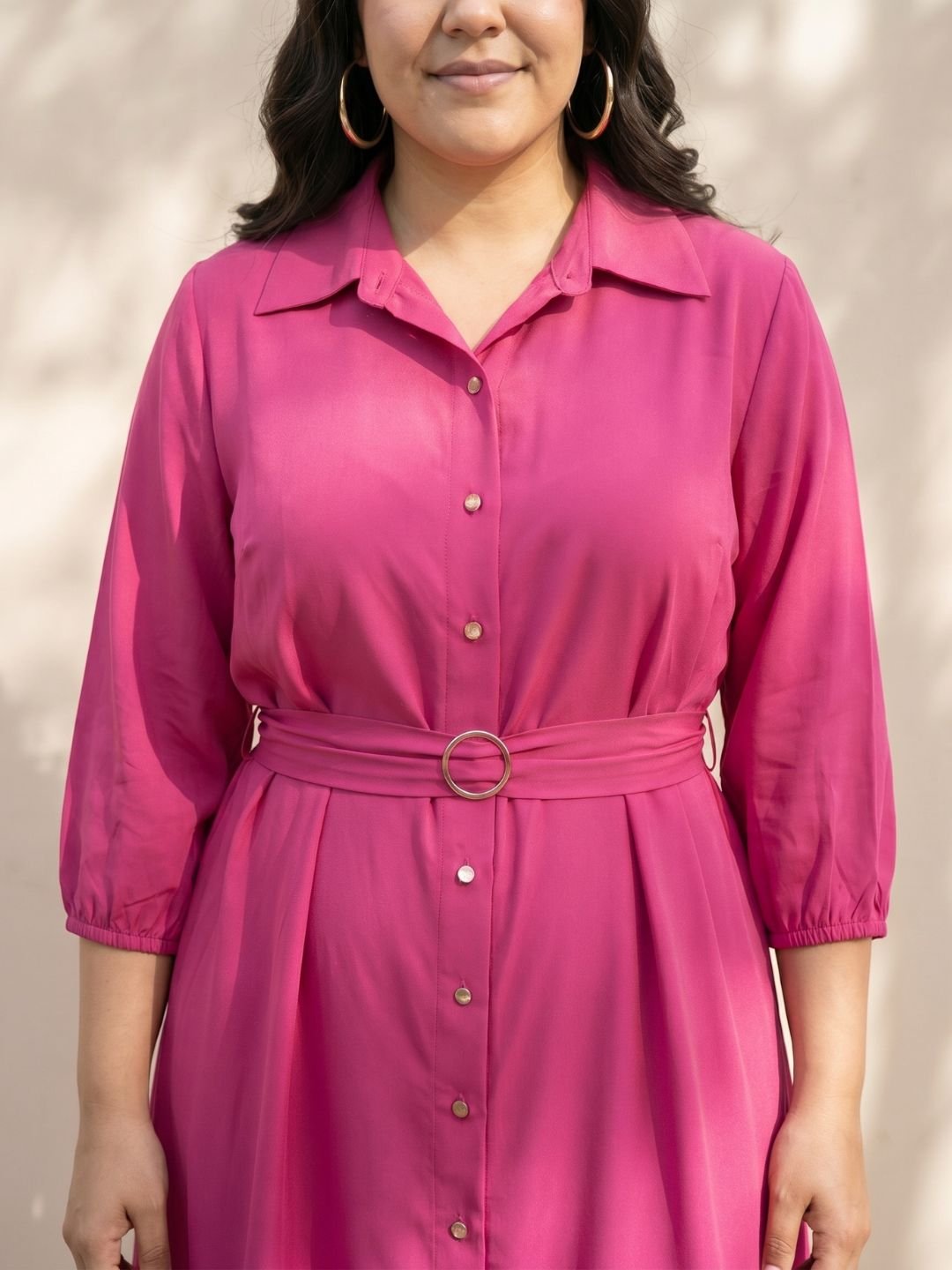 Pink Solid Collared Shirt Midi Dress