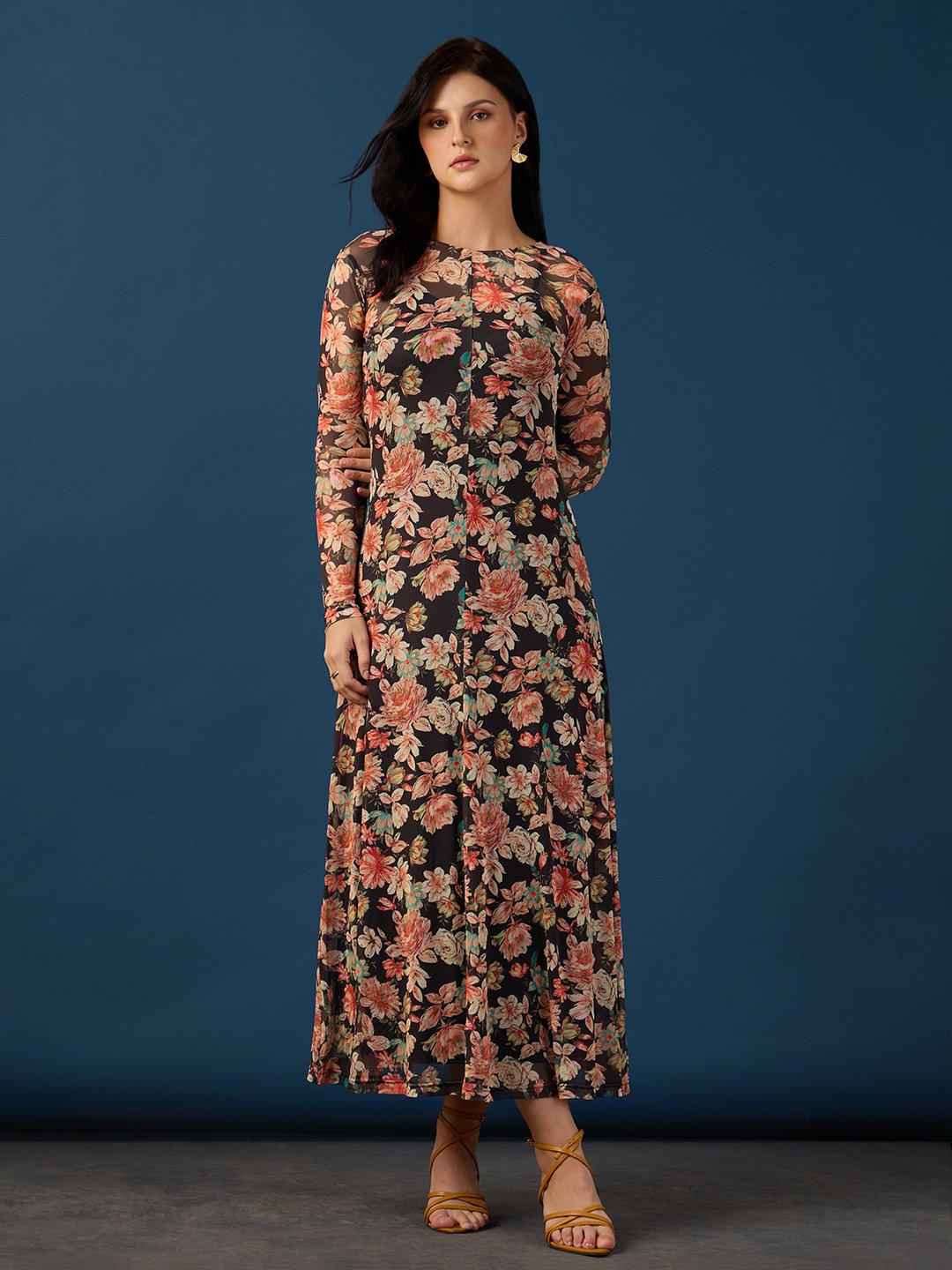 Multi Printed Round Neck Fit and Flare Maxi Dress