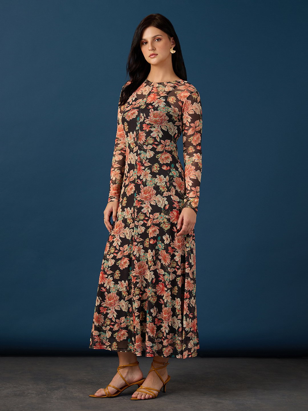 Multi Printed Round Neck Fit and Flare Maxi Dress