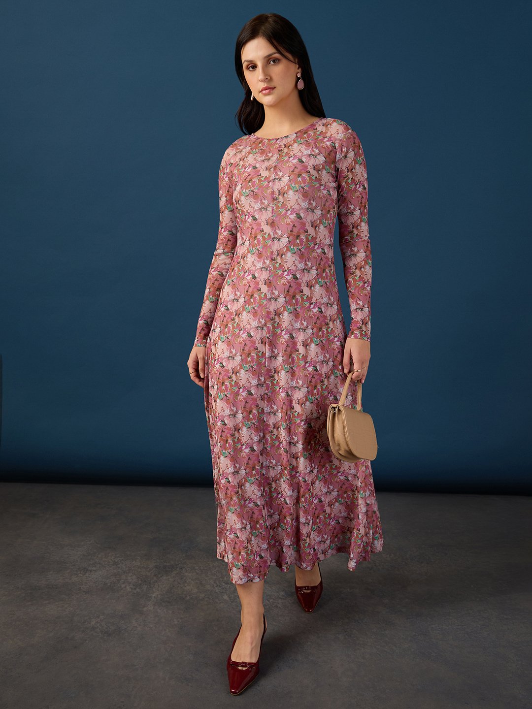 Multi Printed Round Neck Fit and Flare Maxi Dress