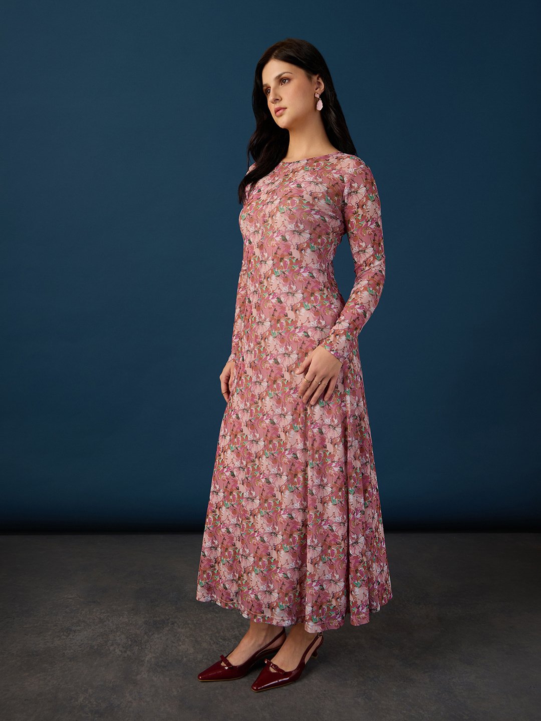 Multi Printed Round Neck Fit and Flare Maxi Dress