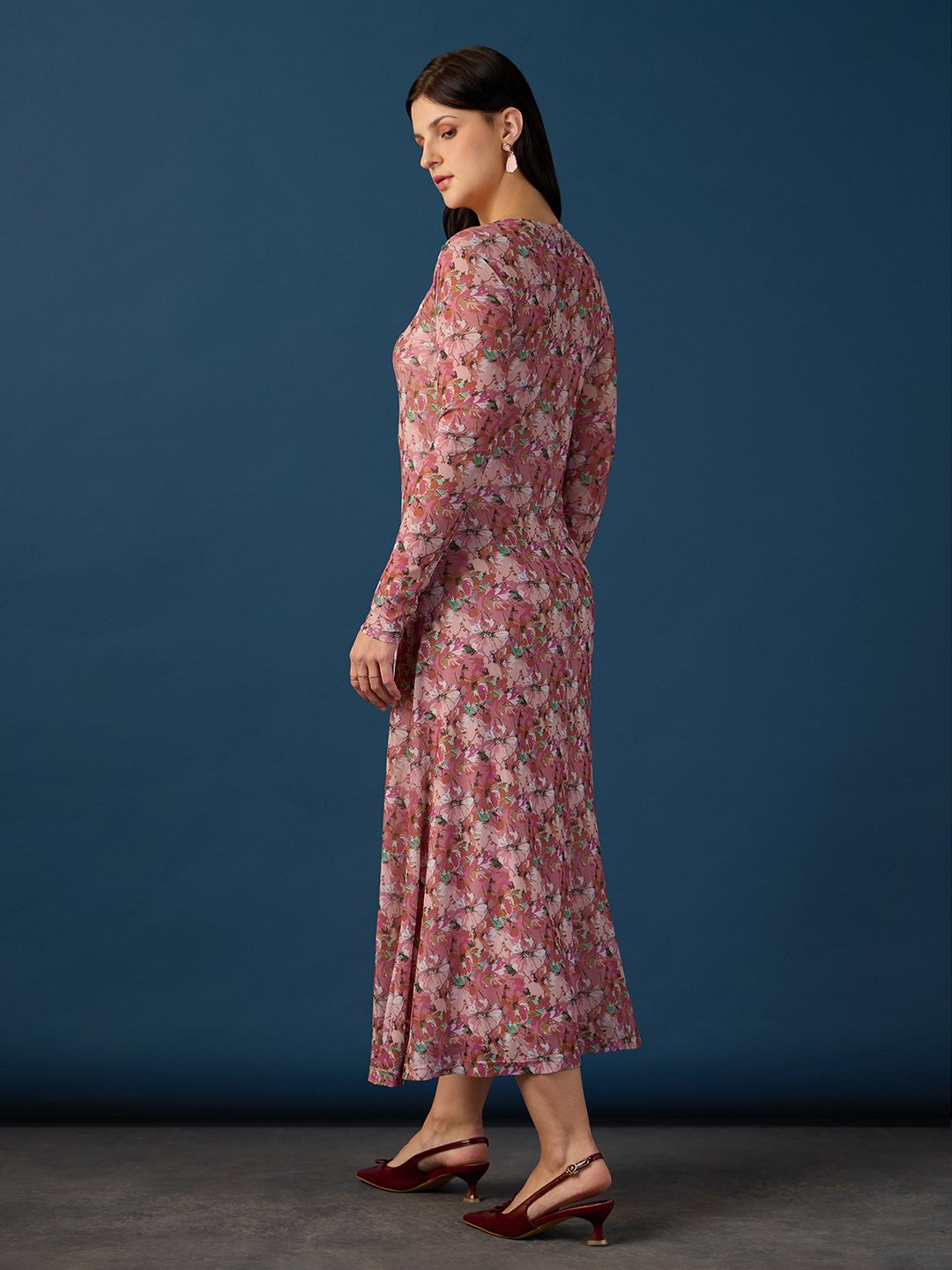 Multi Printed Round Neck Fit and Flare Maxi Dress