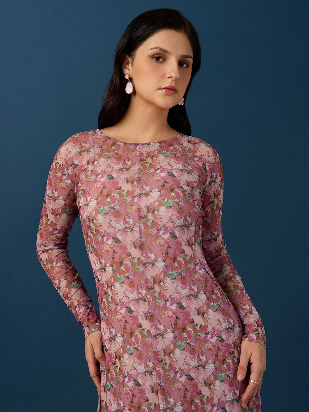 Multi Printed Round Neck Fit and Flare Maxi Dress
