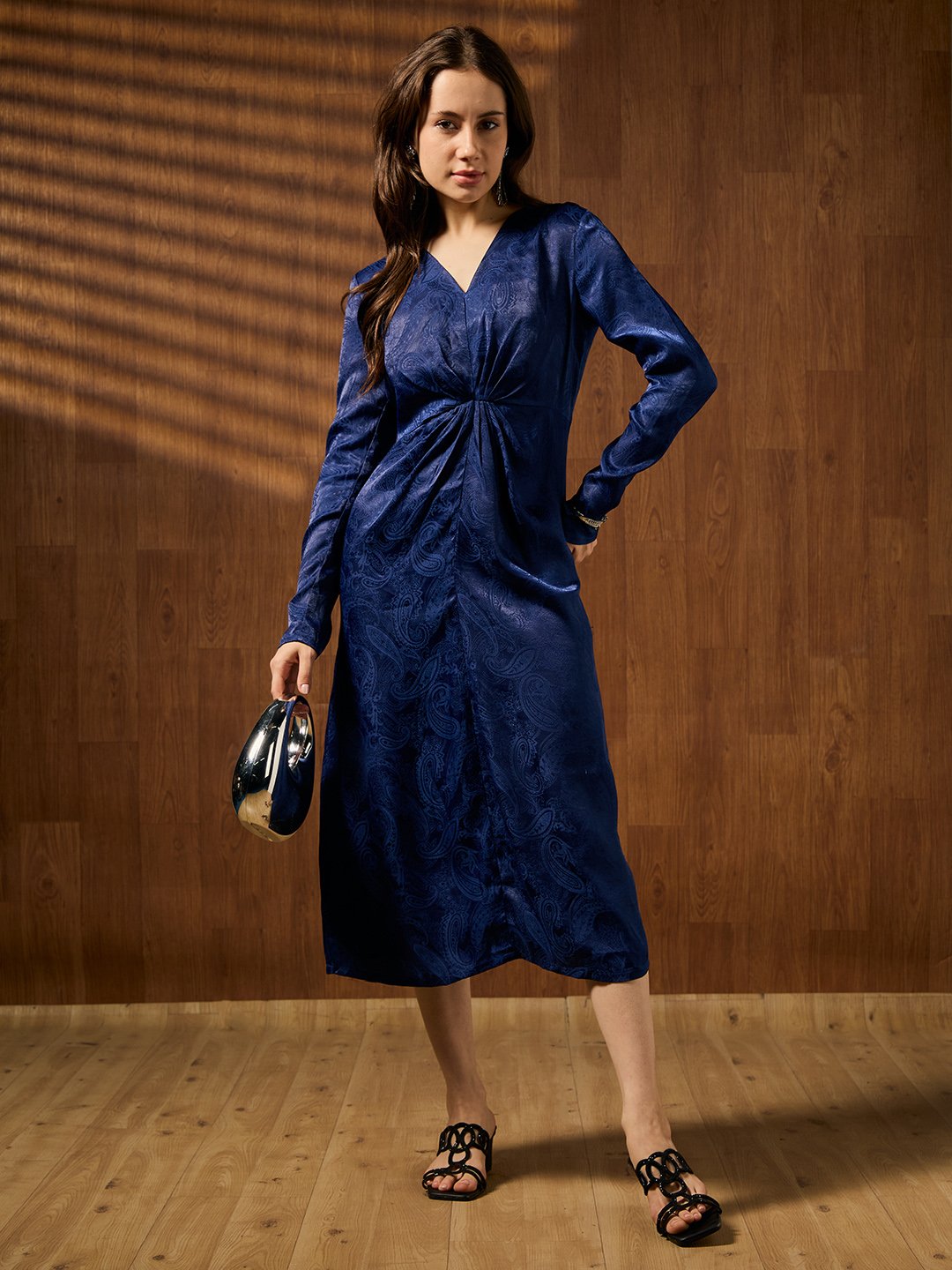 Navy Blue Self Design V Neck Fit and Flare Midi Dress