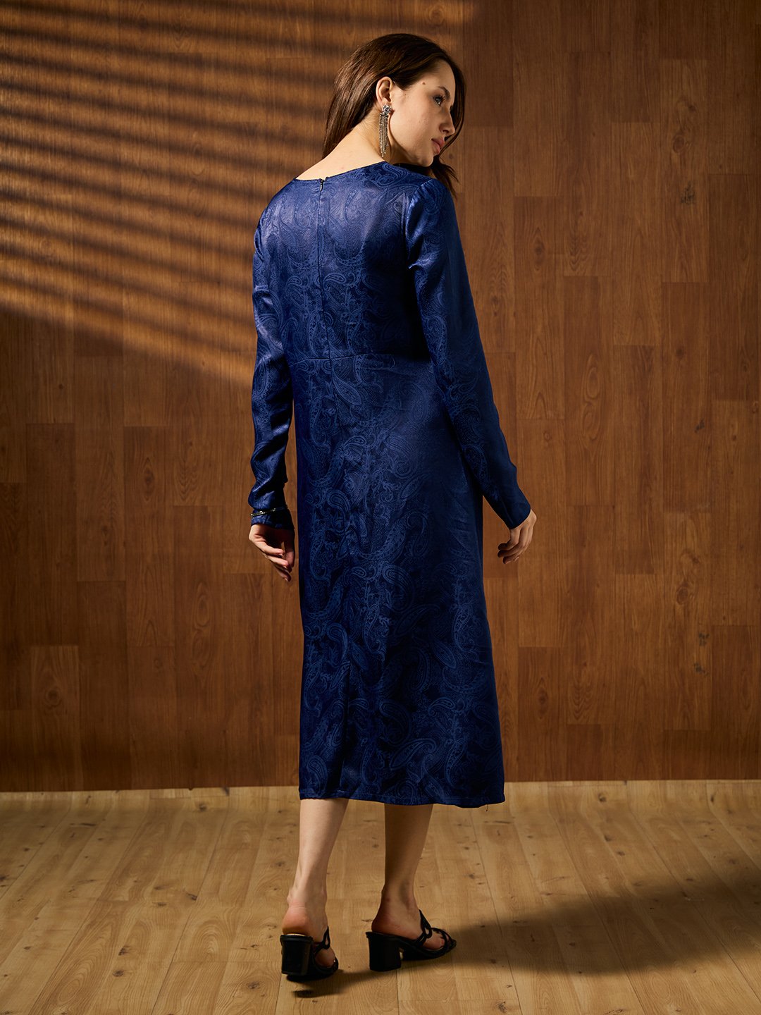 Navy Blue Self Design V Neck Fit and Flare Midi Dress