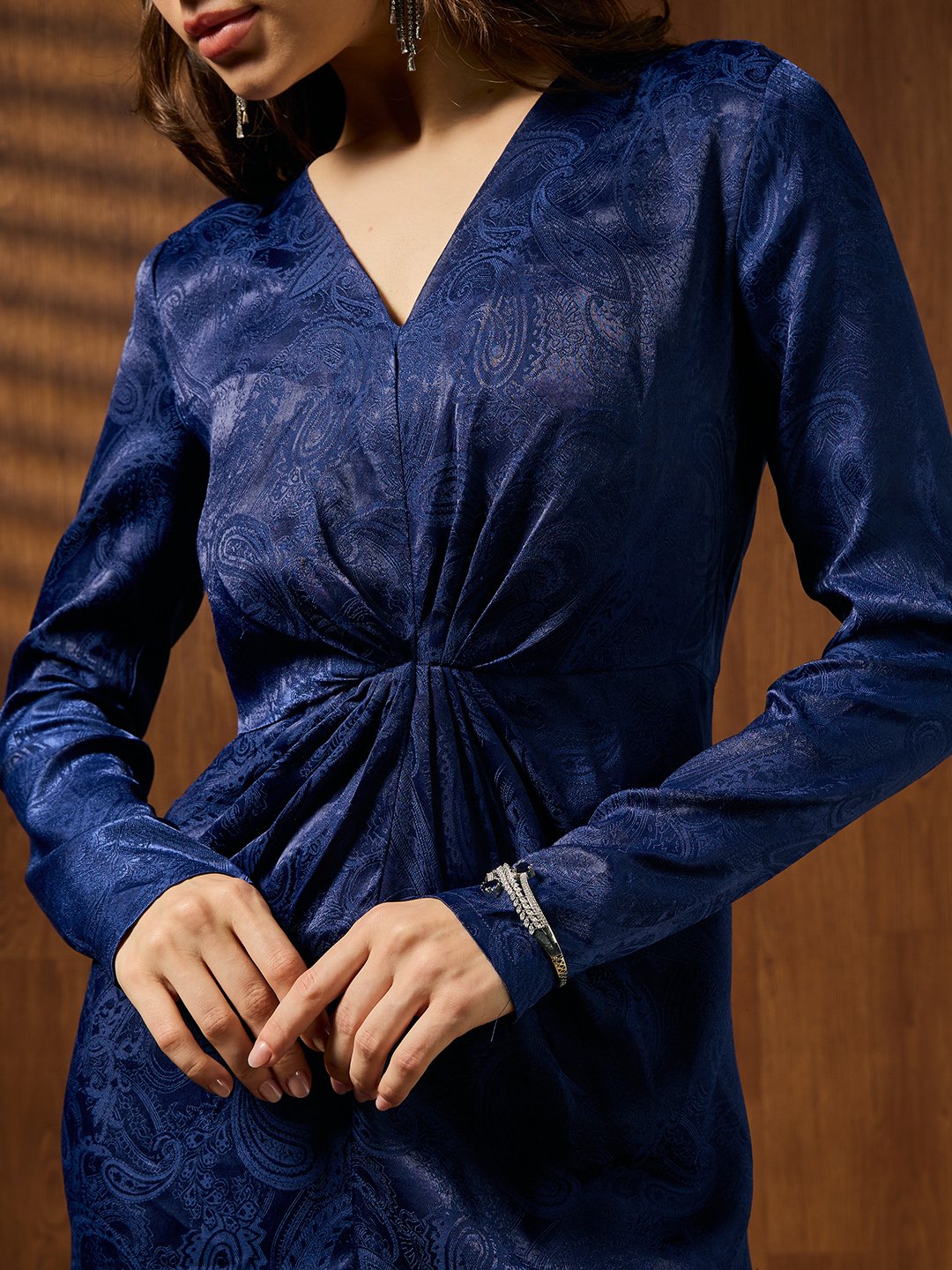 Navy Blue Self Design V Neck Fit and Flare Midi Dress