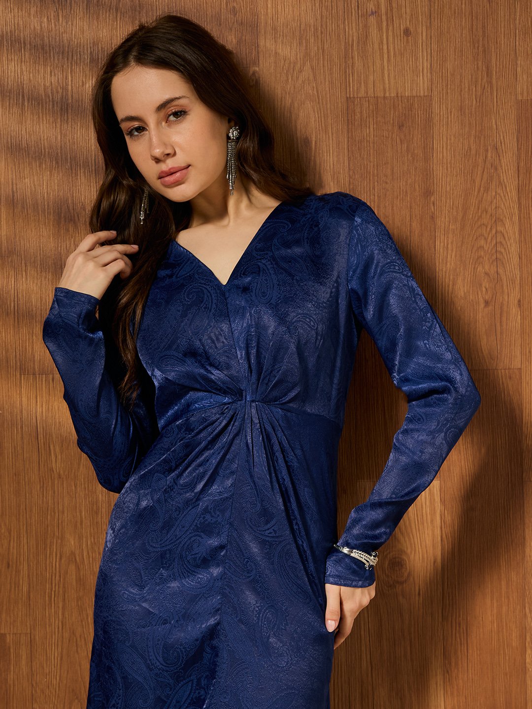 Navy Blue Self Design V Neck Fit and Flare Midi Dress