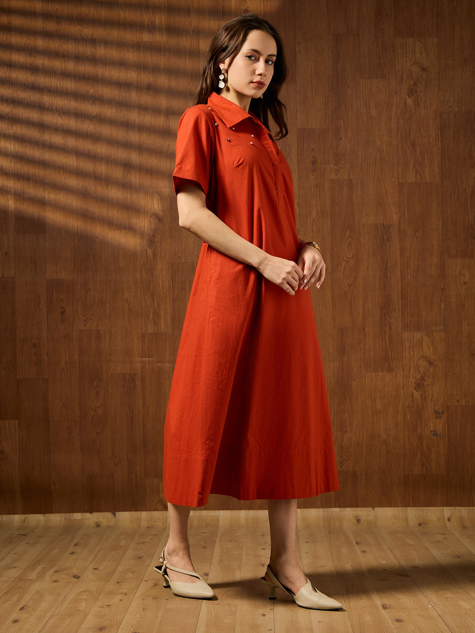 Rust Solid Collared Shirt Midi Dress
