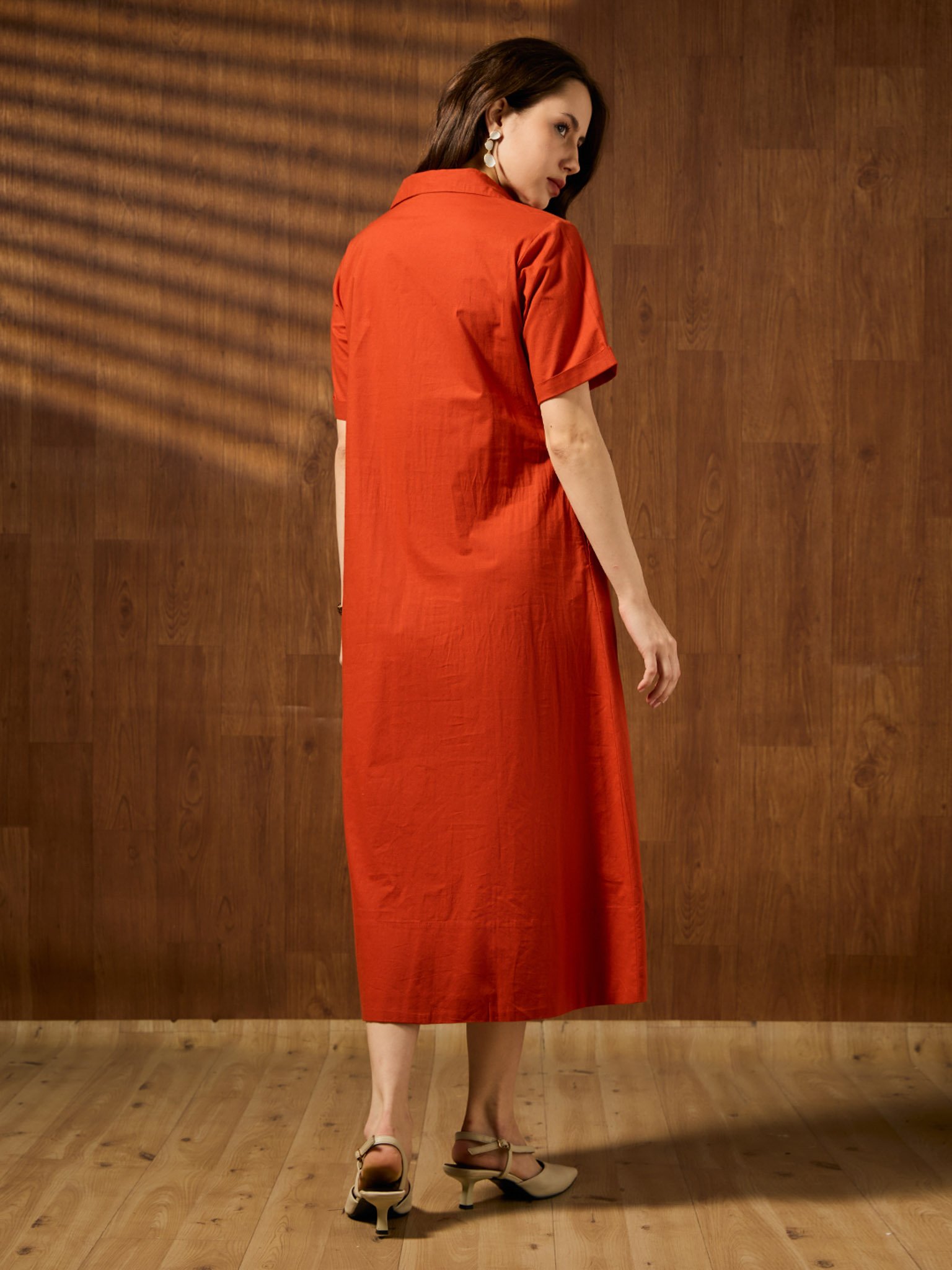 Rust Solid Collared Shirt Midi Dress