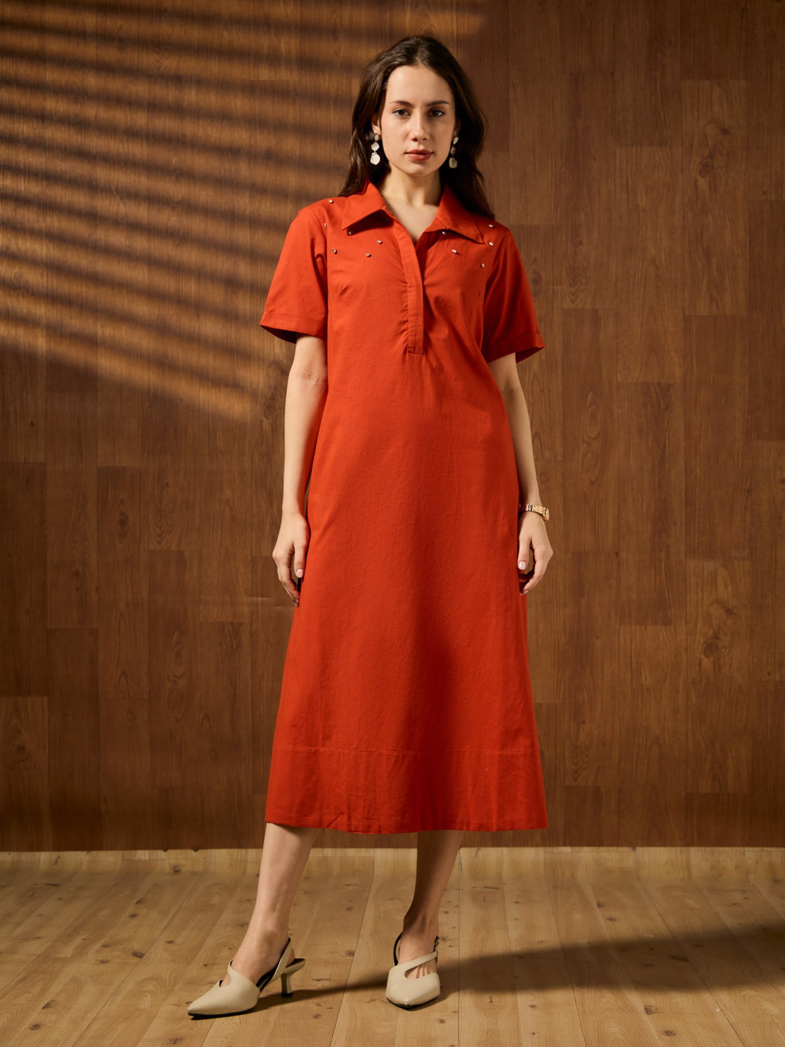 Rust Solid Collared Shirt Midi Dress