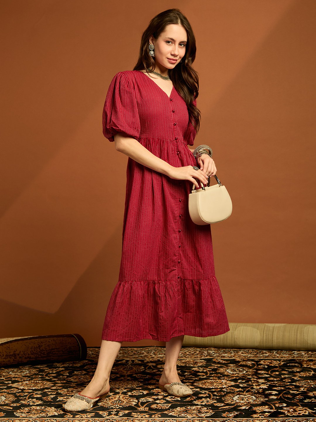 Maroon Striped V Neck Fit and Flare Midi Dress