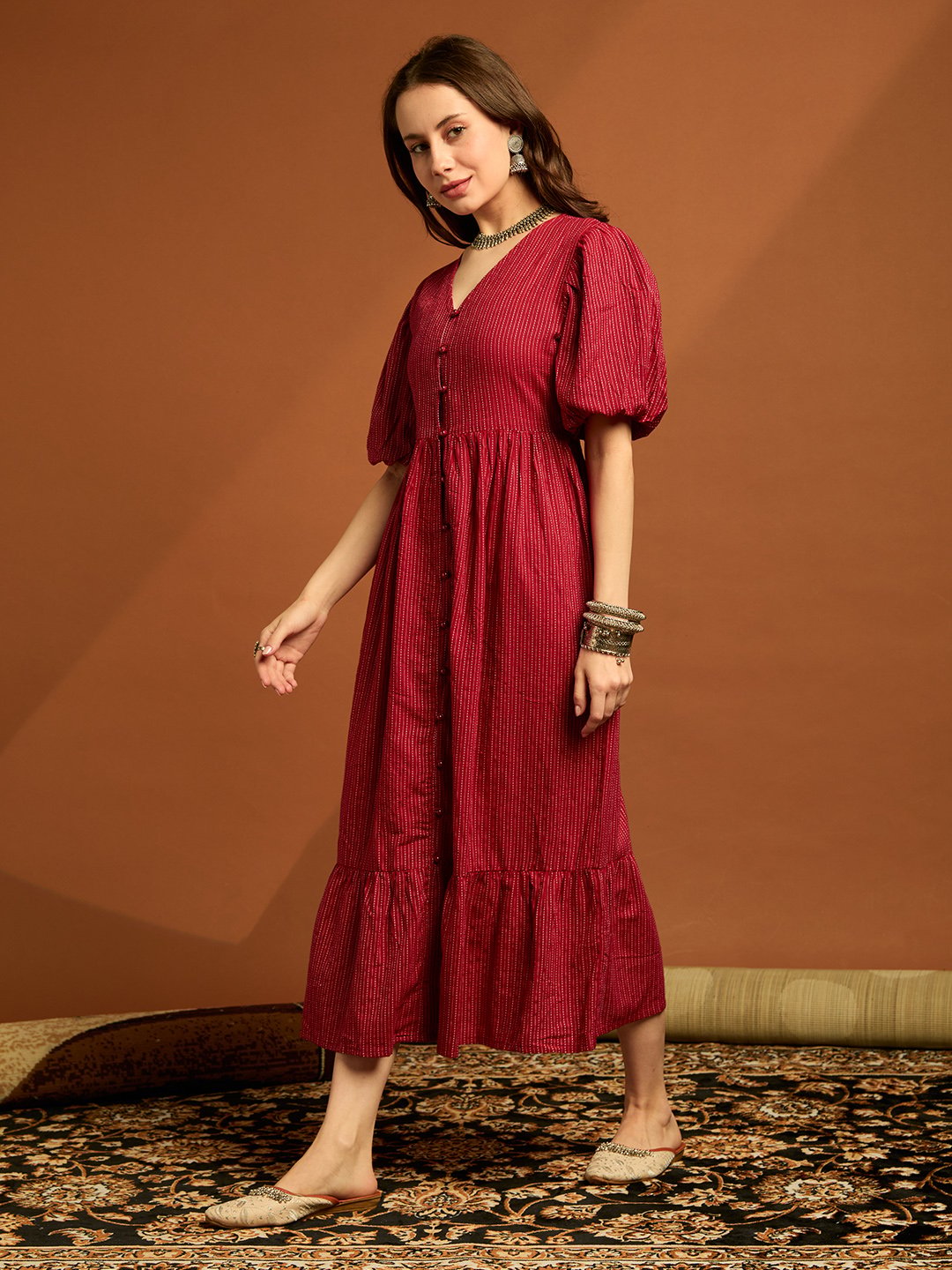 Maroon Striped V Neck Fit and Flare Midi Dress