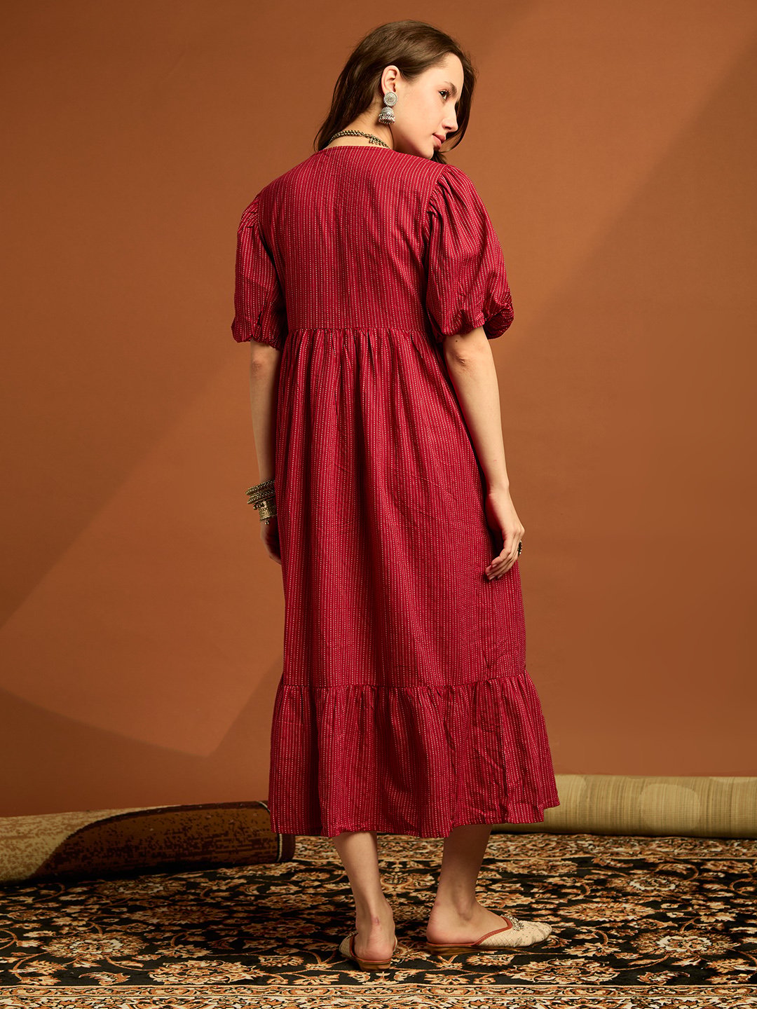 Maroon Striped V Neck Fit and Flare Midi Dress