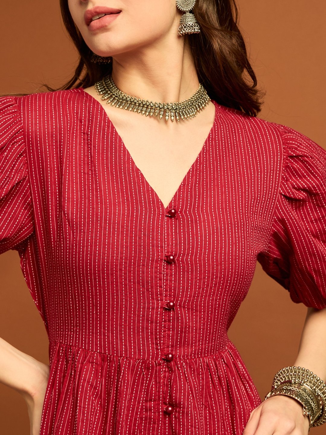 Maroon Striped V Neck Fit and Flare Midi Dress