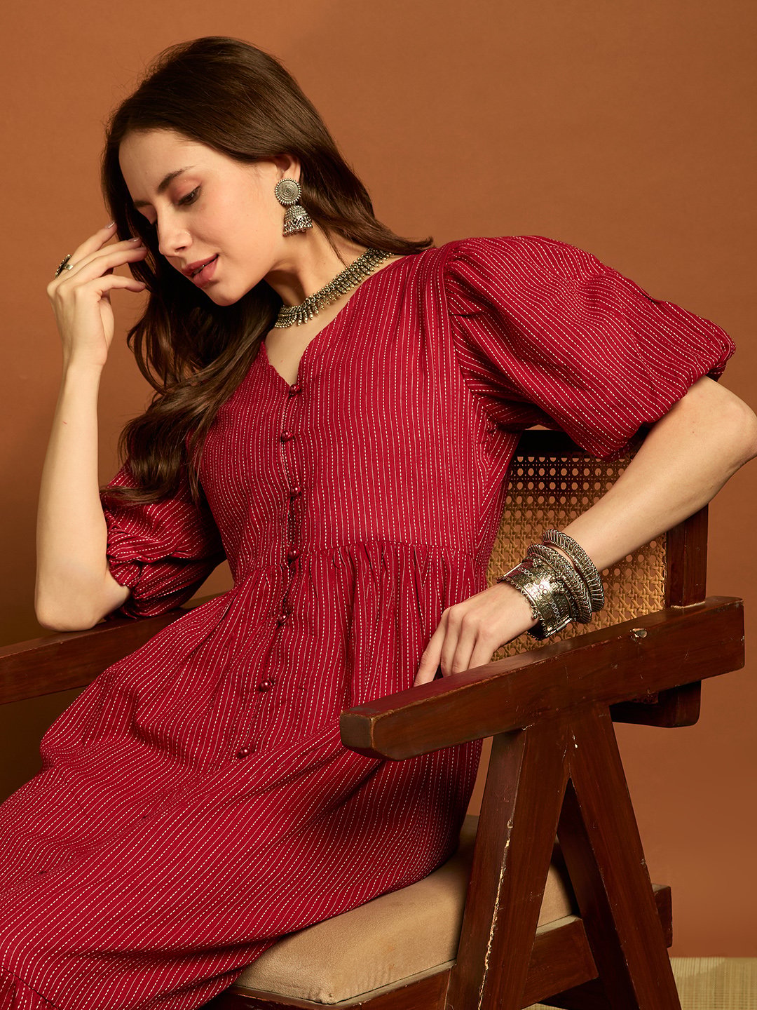 Maroon Striped V Neck Fit and Flare Midi Dress