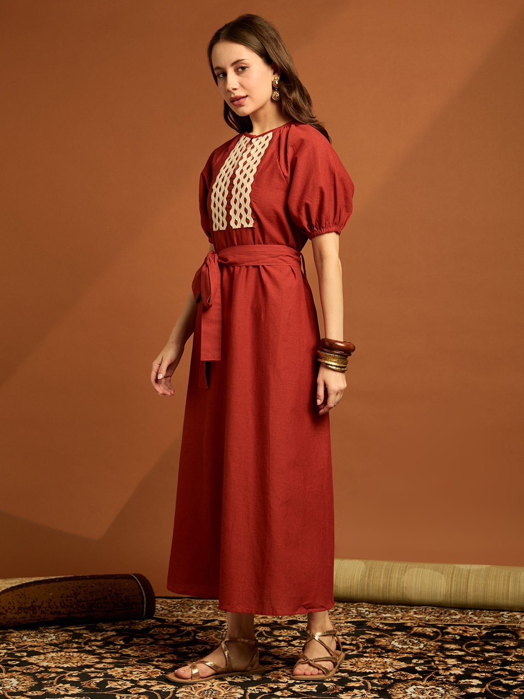 Rust Solid Midi Dress