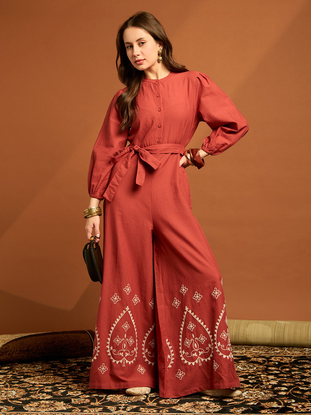 Rust Embroidered Jumpsuit