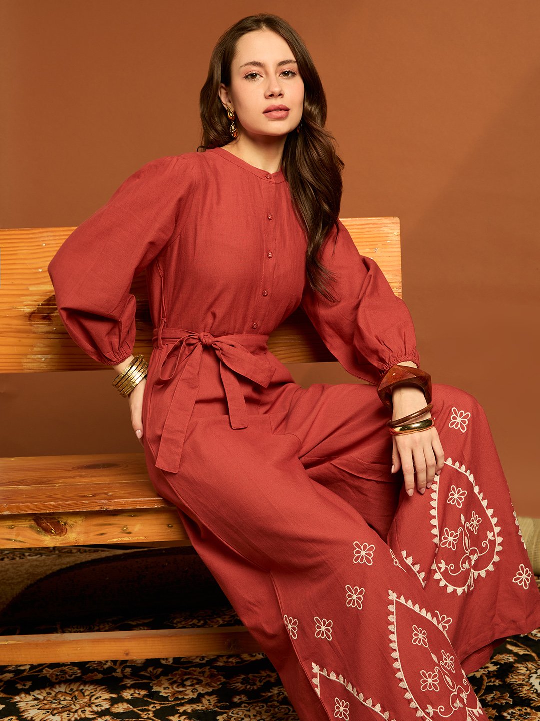 Rust Embroidered Jumpsuit