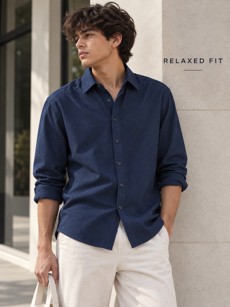 Cotton Stretch Navy Textured Shirt