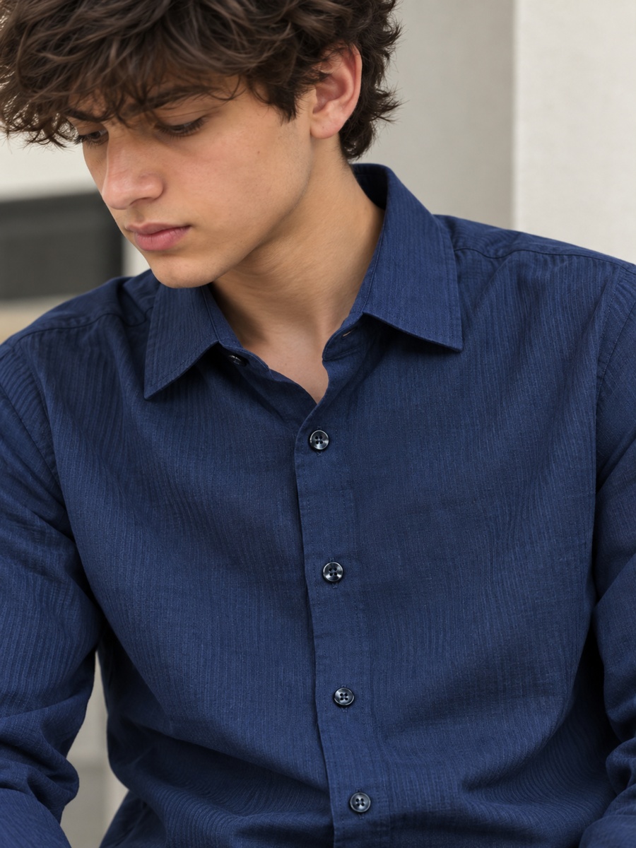 Cotton Stretch Navy Textured Shirt