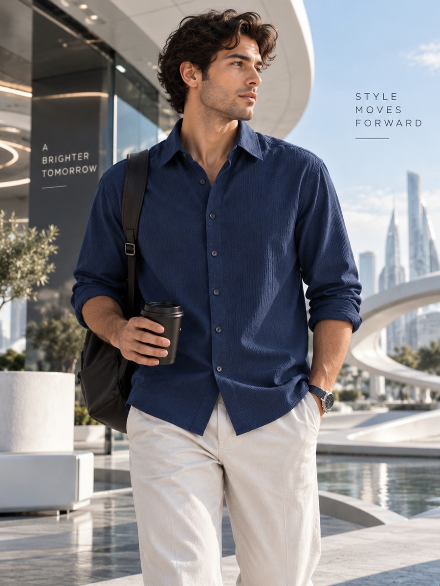 Cotton Stretch Navy Textured Shirt