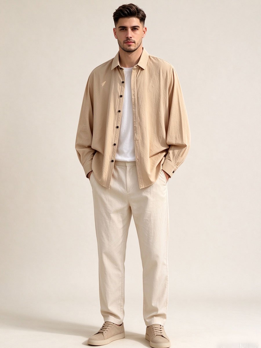 Beige Solid Oversized Shirt