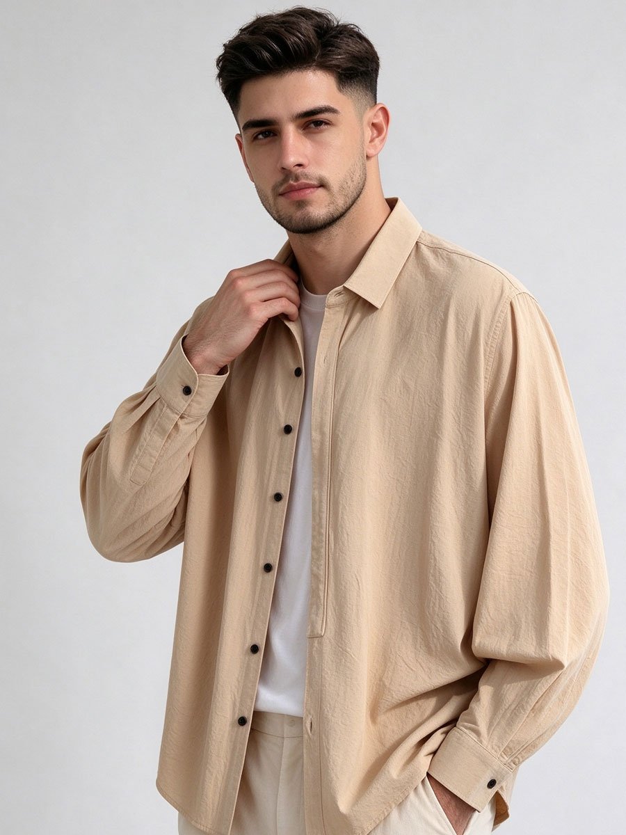 Beige Solid Oversized Shirt