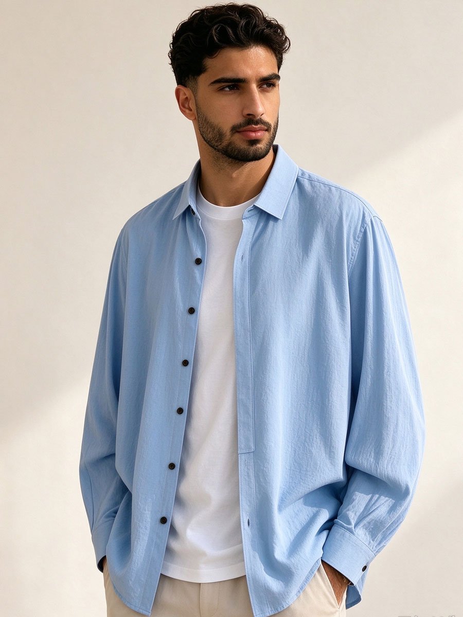 Light Blue Solid Long Sleeves Oversized Shirt