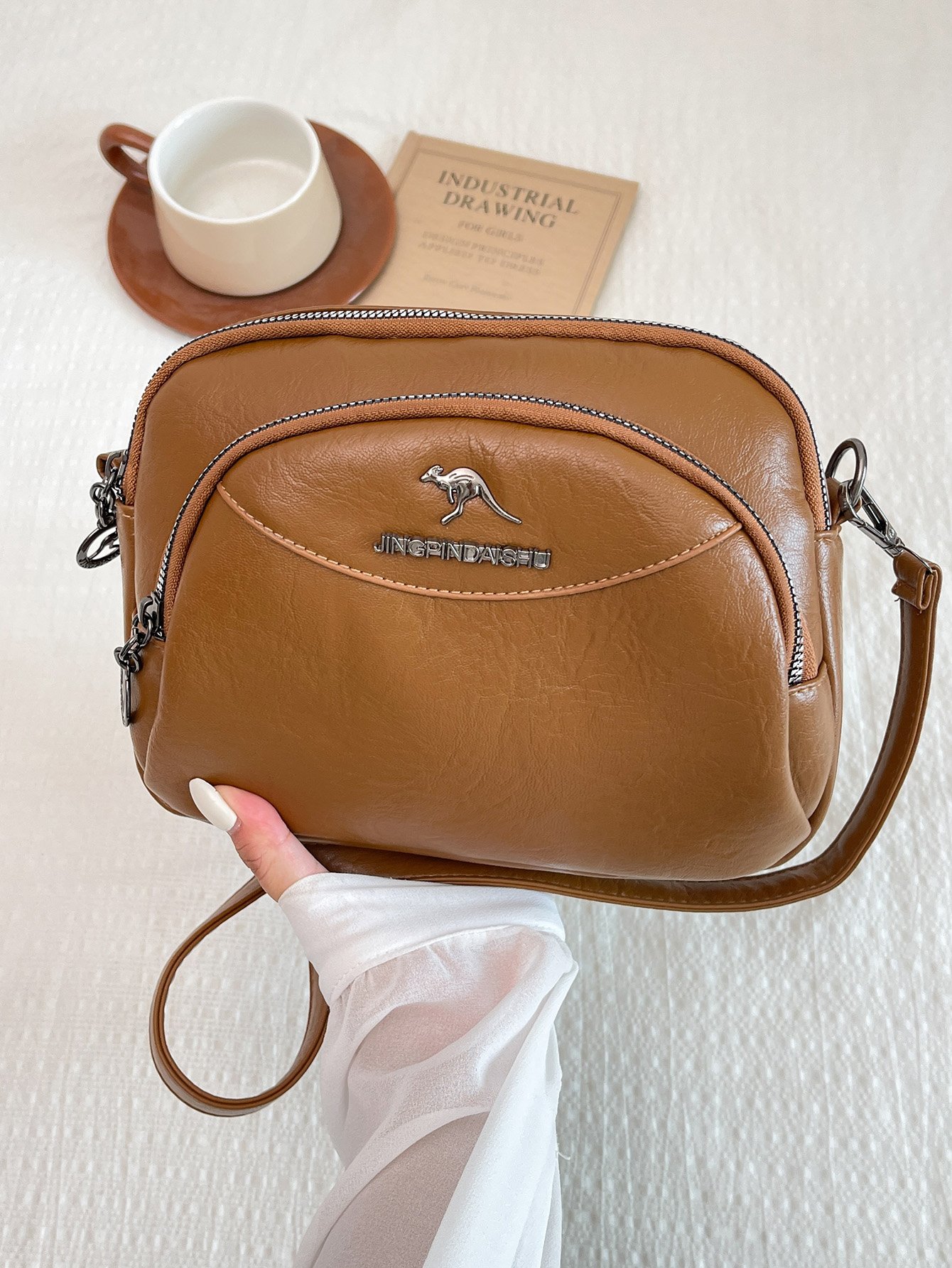 Brown Solid Crossbody Bag with Zip