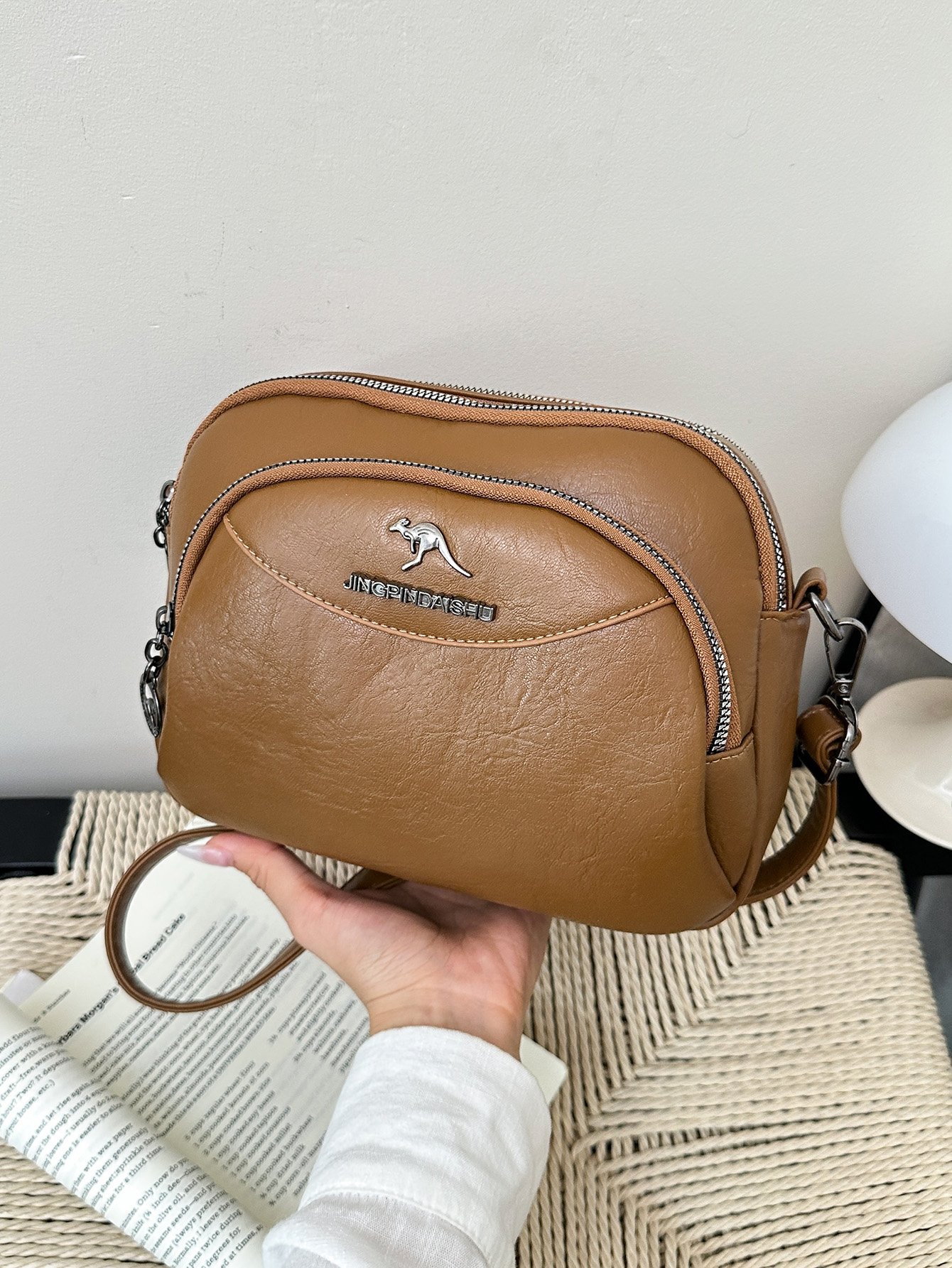 Brown Solid Crossbody Bag with Zip