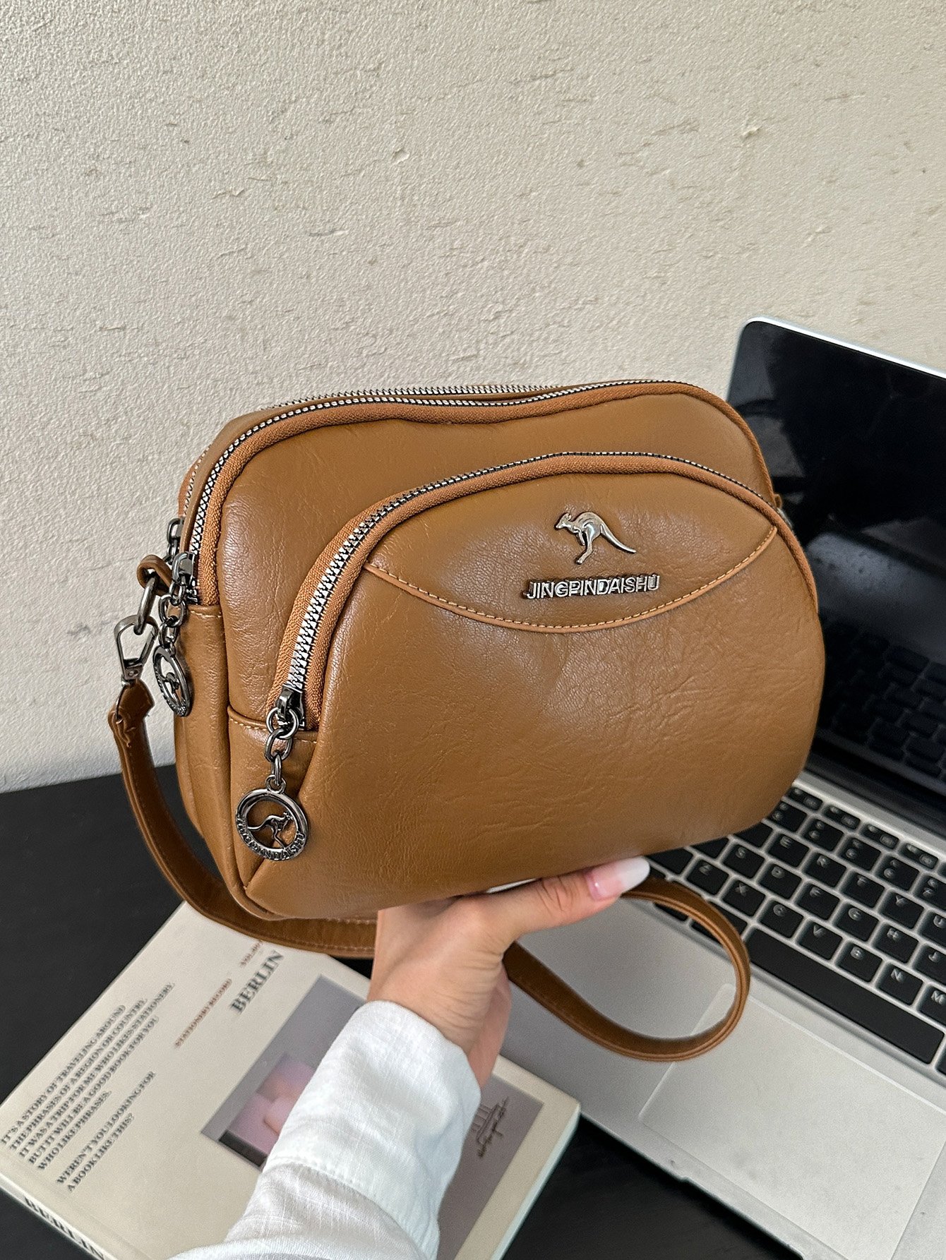 Brown Solid Crossbody Bag with Zip