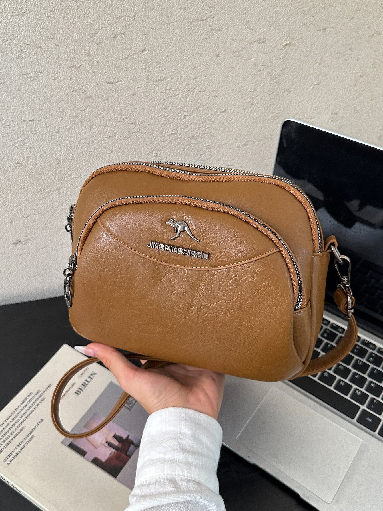 Brown Solid Crossbody Bag with Zip