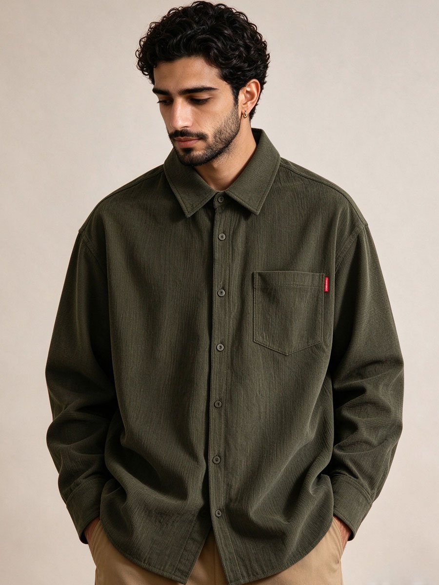 Olive Textured Long Sleeves Relaxed Shirt