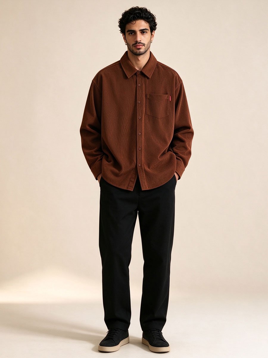 Brown Solid Long Sleeves Oversized Shirt