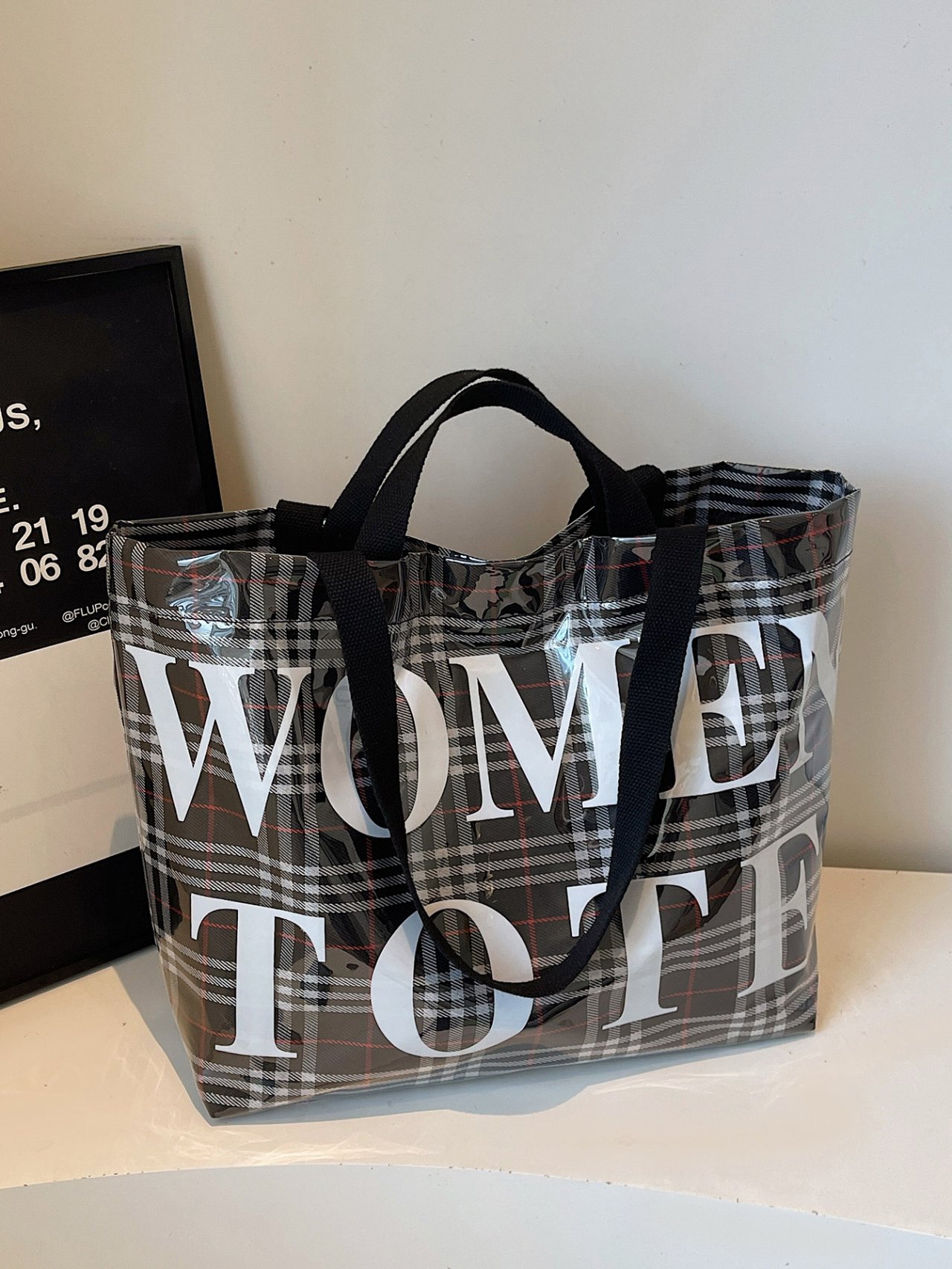 Black Checked Tote with Magnetic