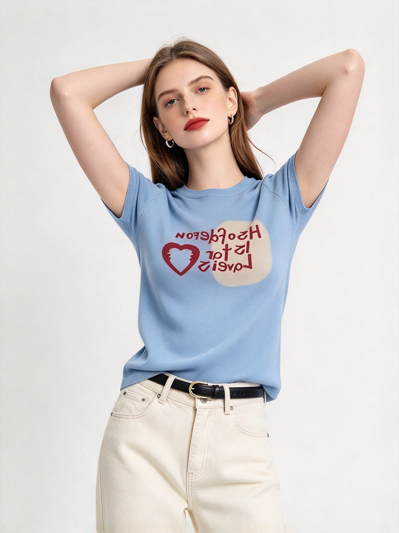 Light Blue Printed Round Neck Regular T-Shirt