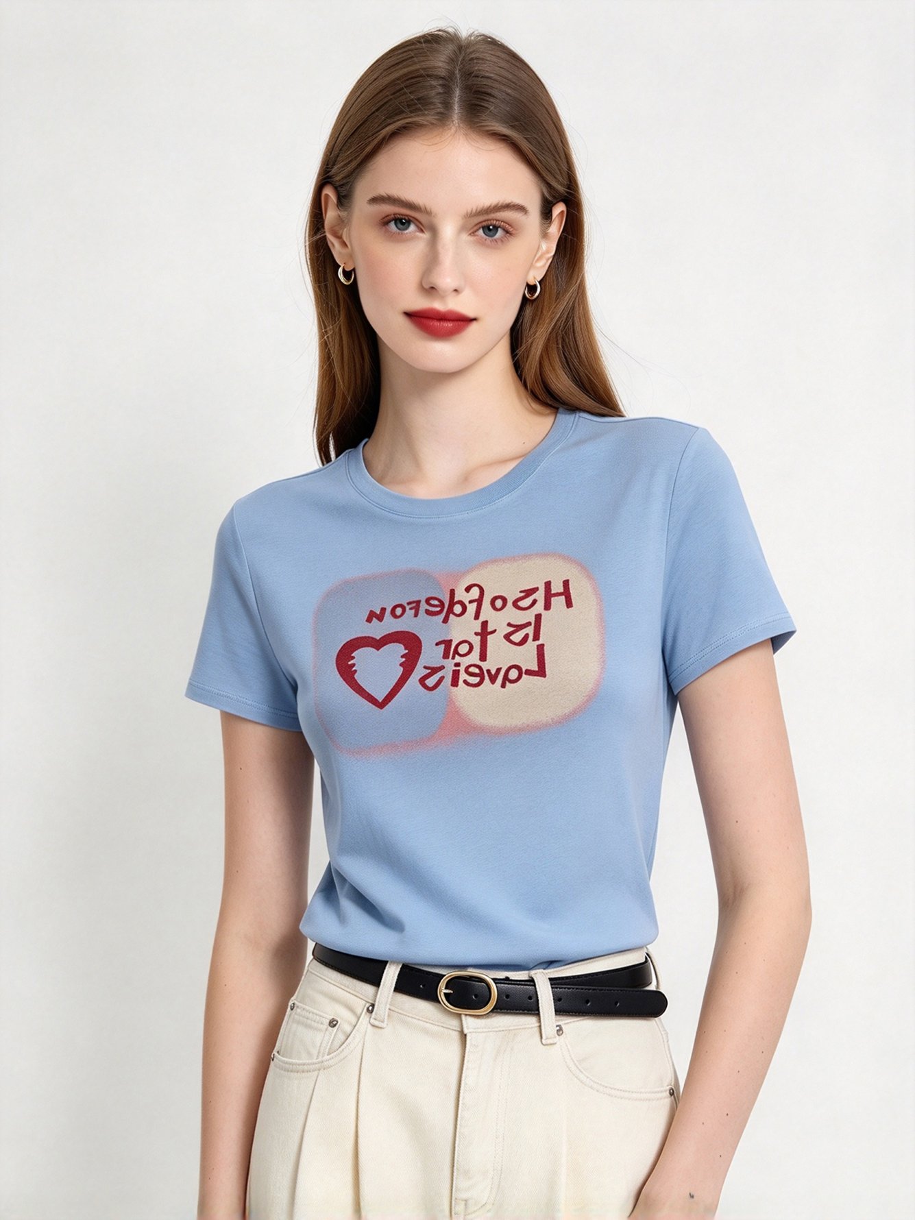 Light Blue Printed Round Neck Regular T-Shirt