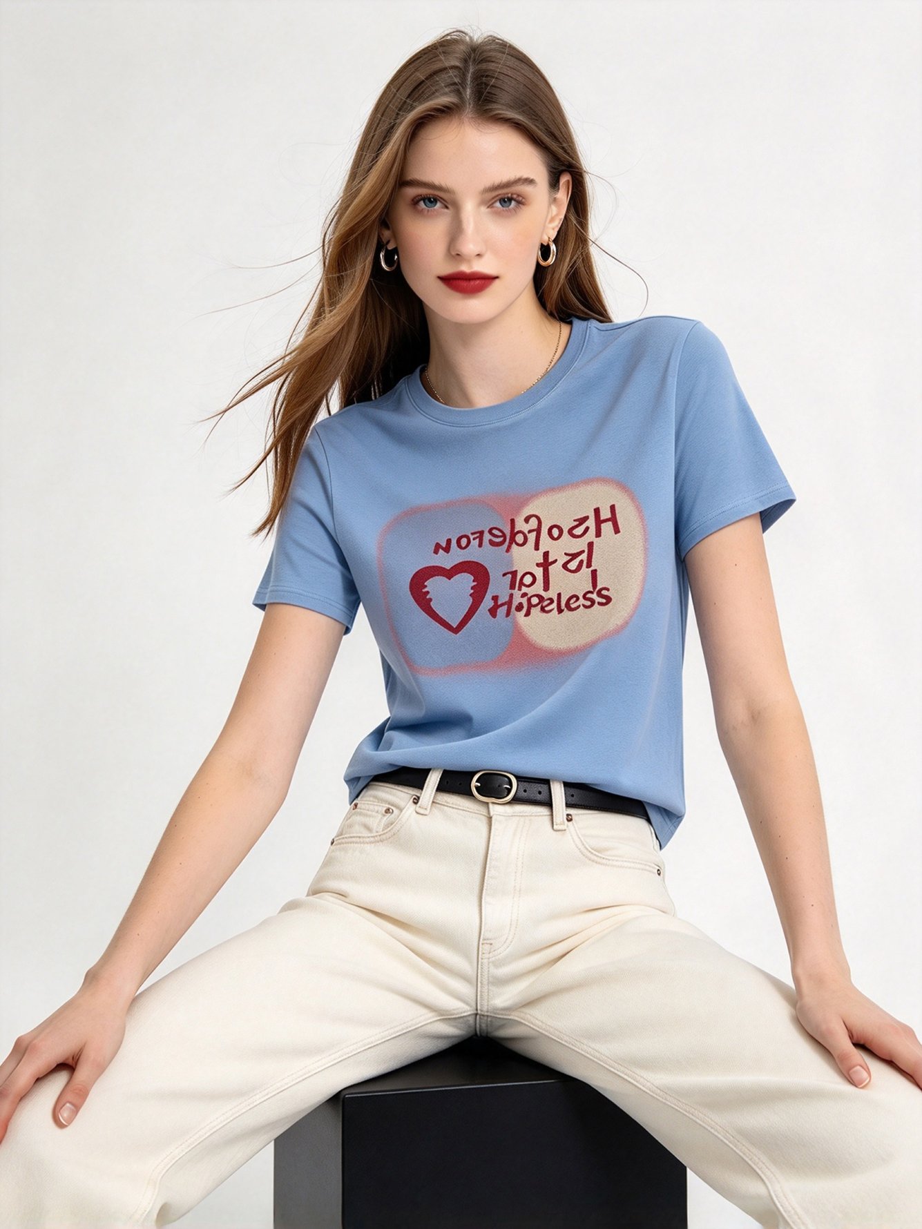 Light Blue Printed Round Neck Regular T-Shirt