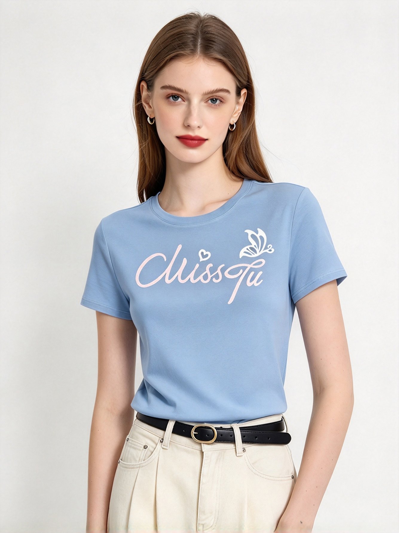 Light Blue Printed Round Neck Regular T-Shirt