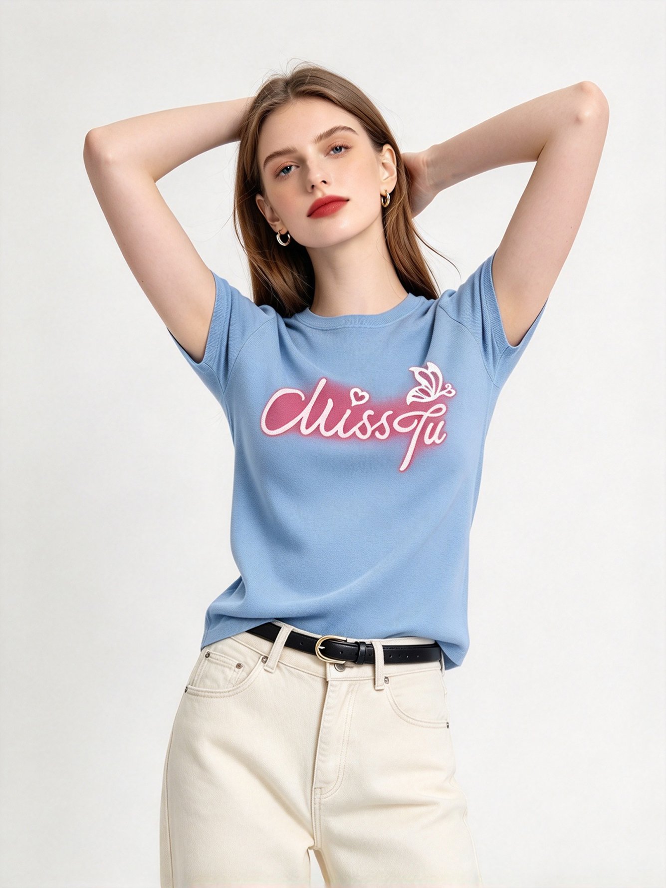 Light Blue Printed Round Neck Regular T-Shirt