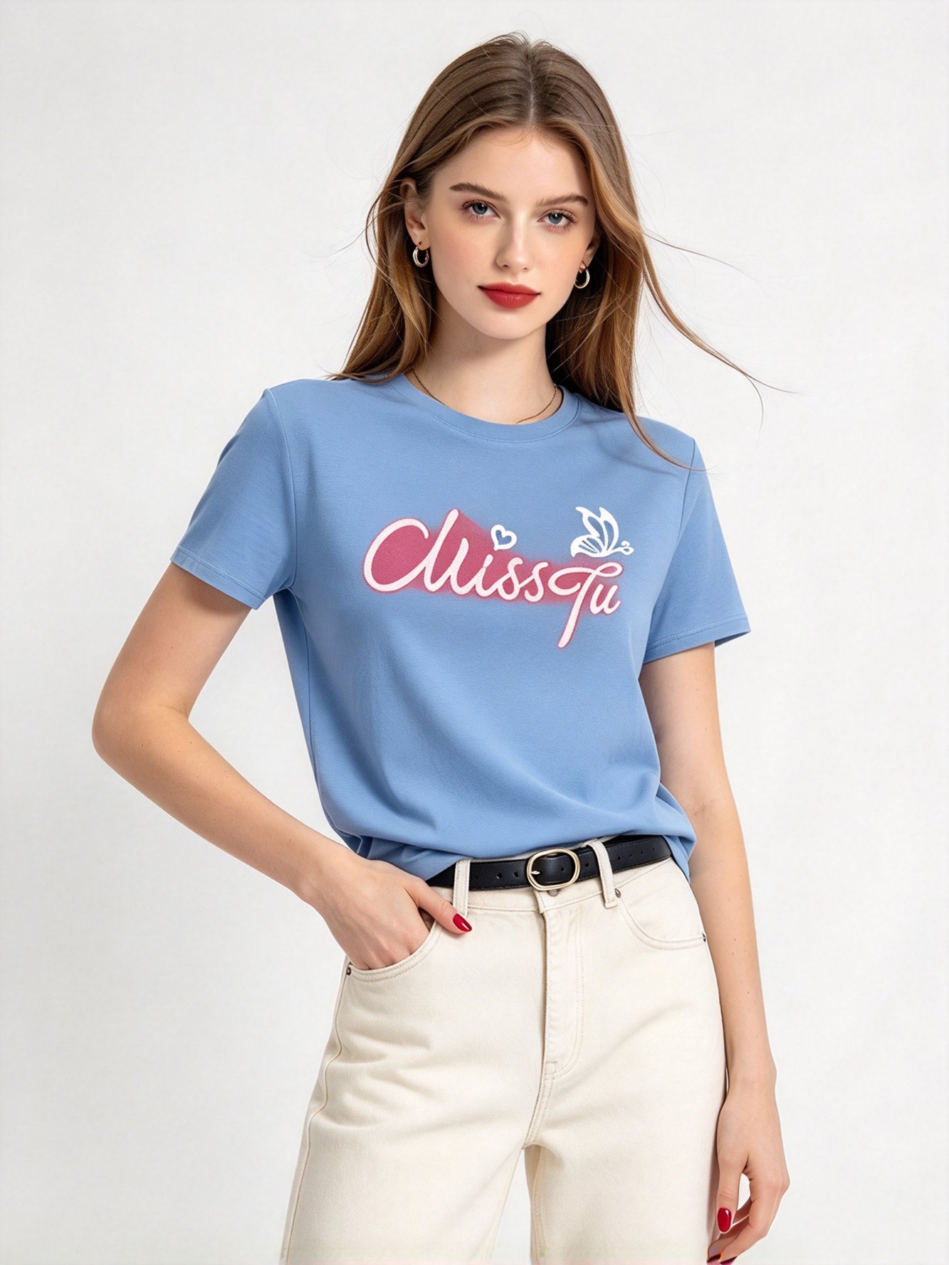 Light Blue Printed Round Neck Regular T-Shirt
