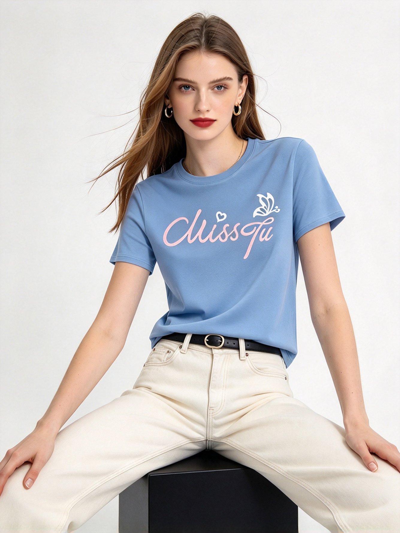 Light Blue Printed Round Neck Regular T-Shirt