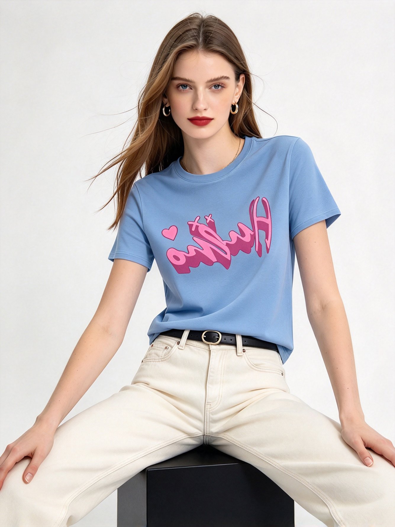 Light Blue Printed Round Neck Regular T-Shirt