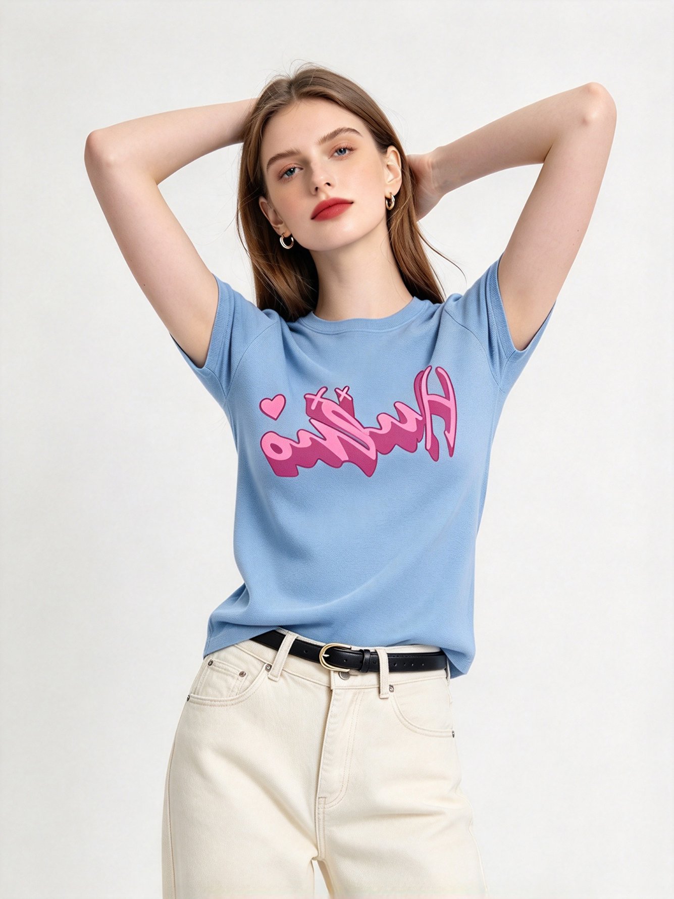 Light Blue Printed Round Neck Regular T-Shirt