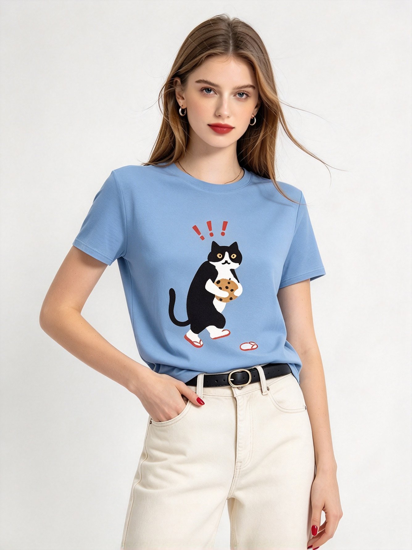 Light Blue Printed Round Neck Regular T-Shirt