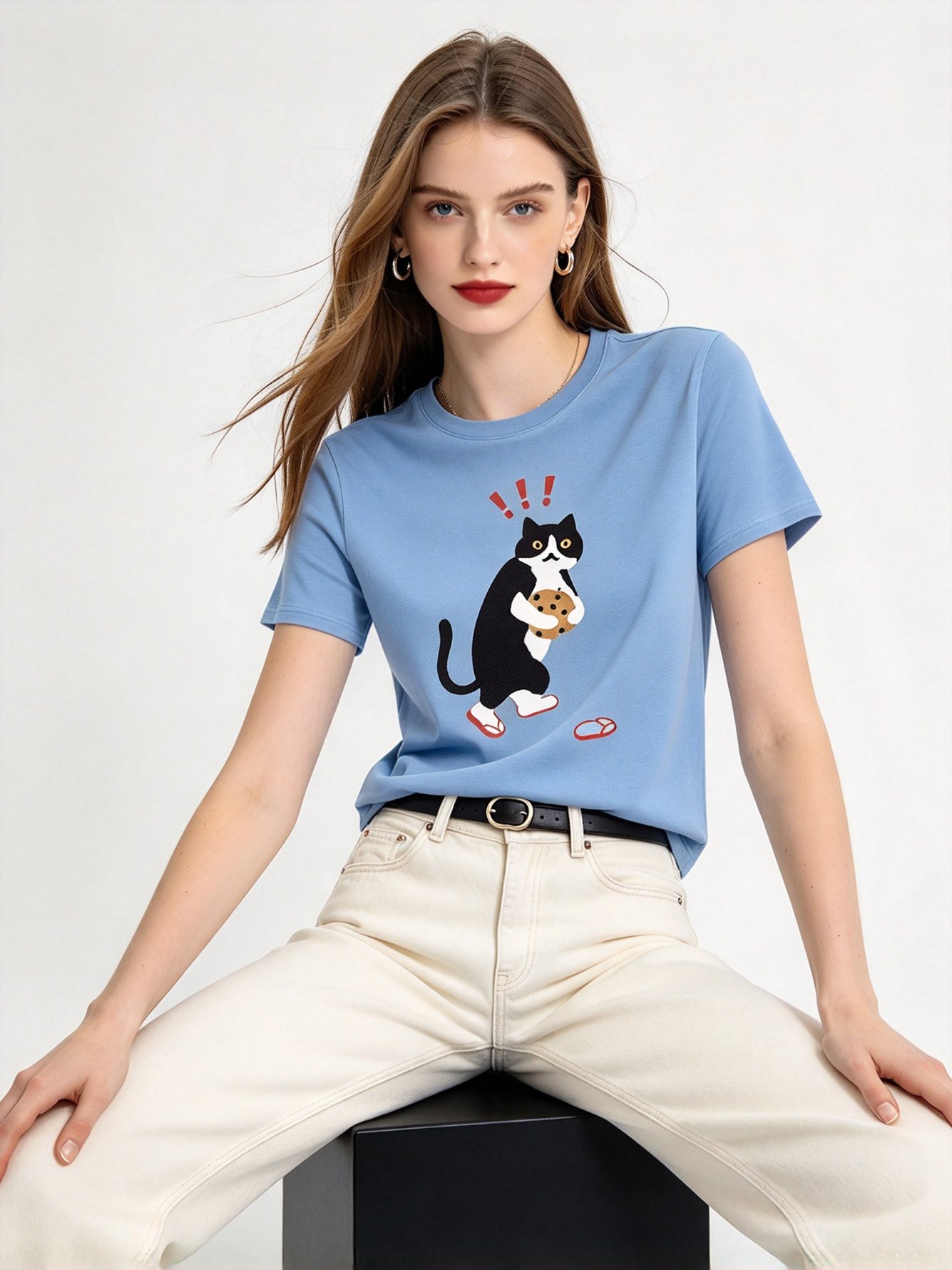 Light Blue Printed Round Neck Regular T-Shirt