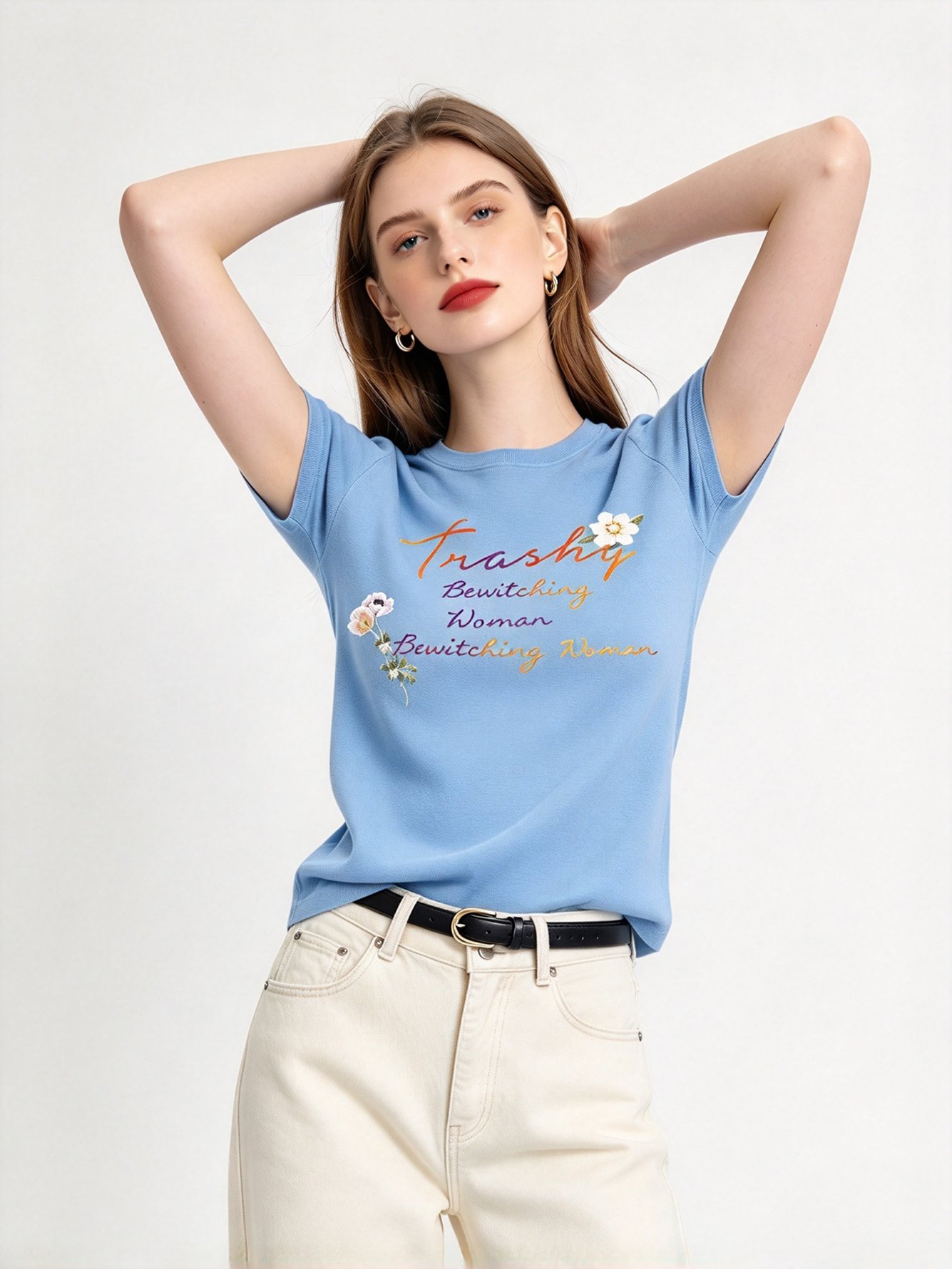 Light Blue Printed Round Neck Regular T-Shirt