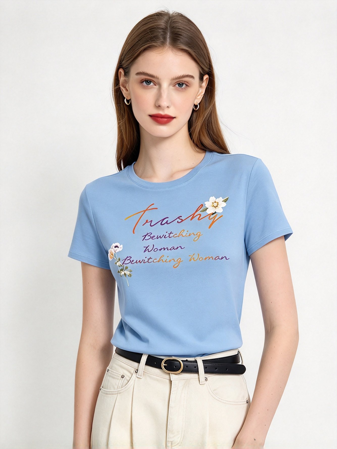 Light Blue Printed Round Neck Regular T-Shirt